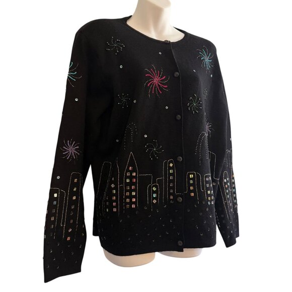 Vintage Y2K 2000 Beaded NYE Fireworks NYC City Skyline Merino Wool Cardigan XL - Picture 5 of 12